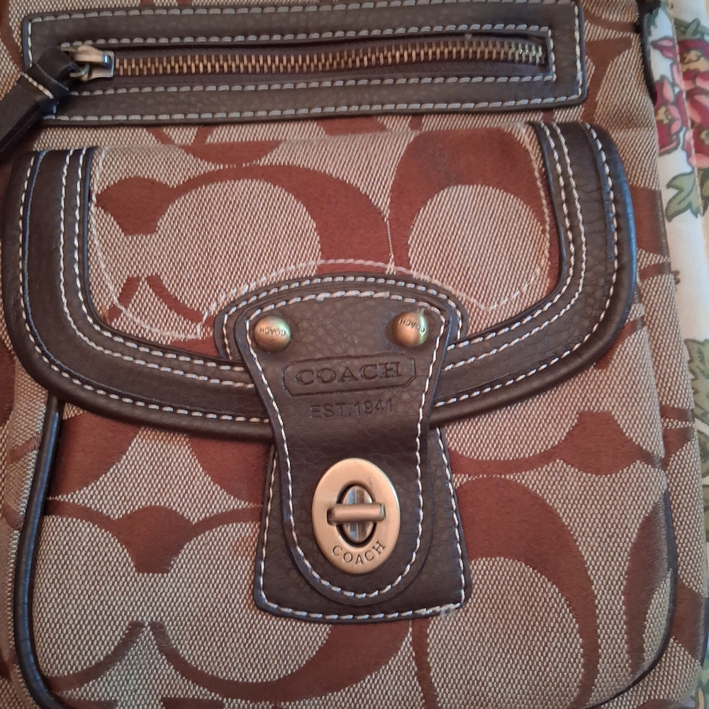 Coach Brown Signature Canvas Crossbody with Leather Trim